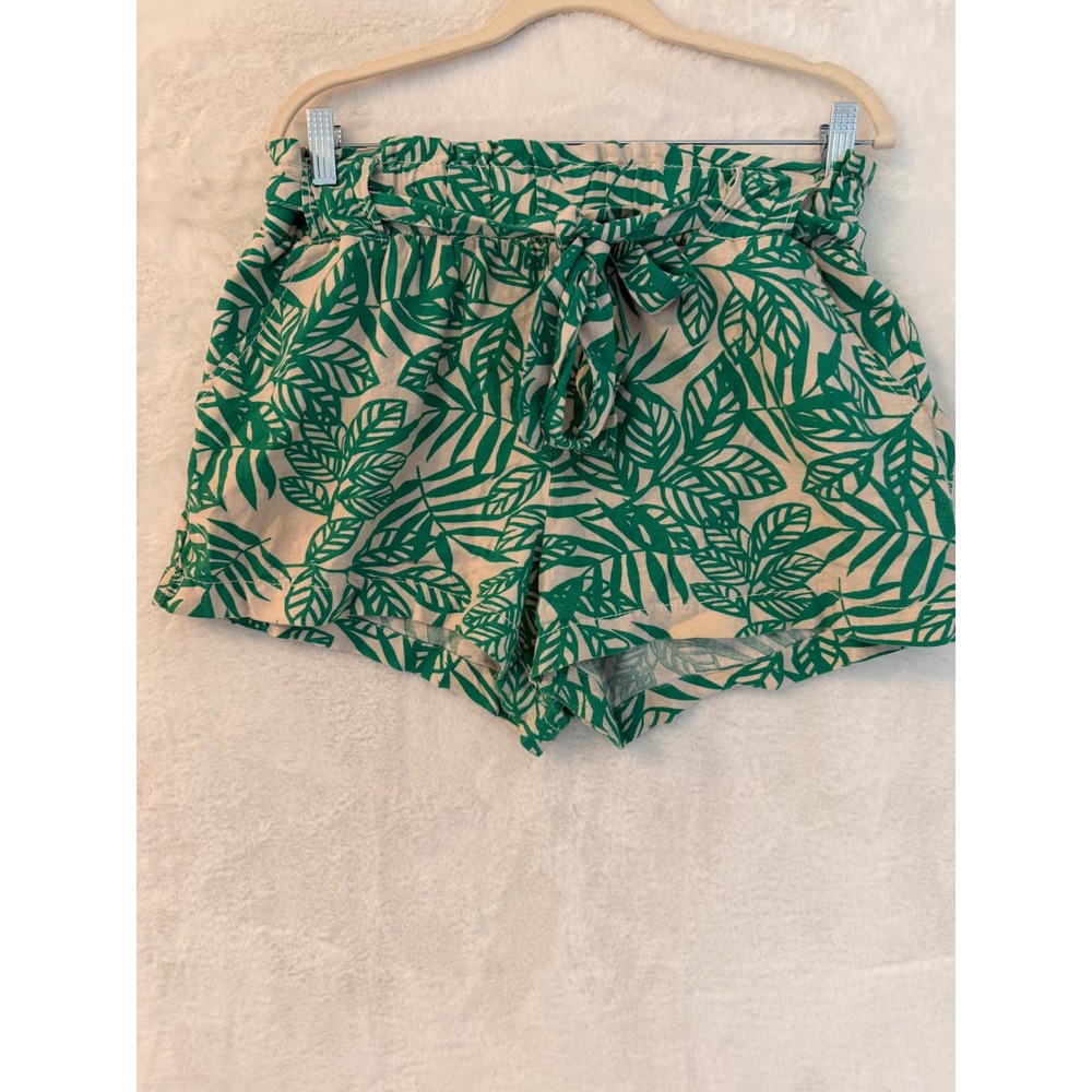 Cali 1850 Los Angeles Green Tropical Leaf Linen Blend Paperbag Shorts Large